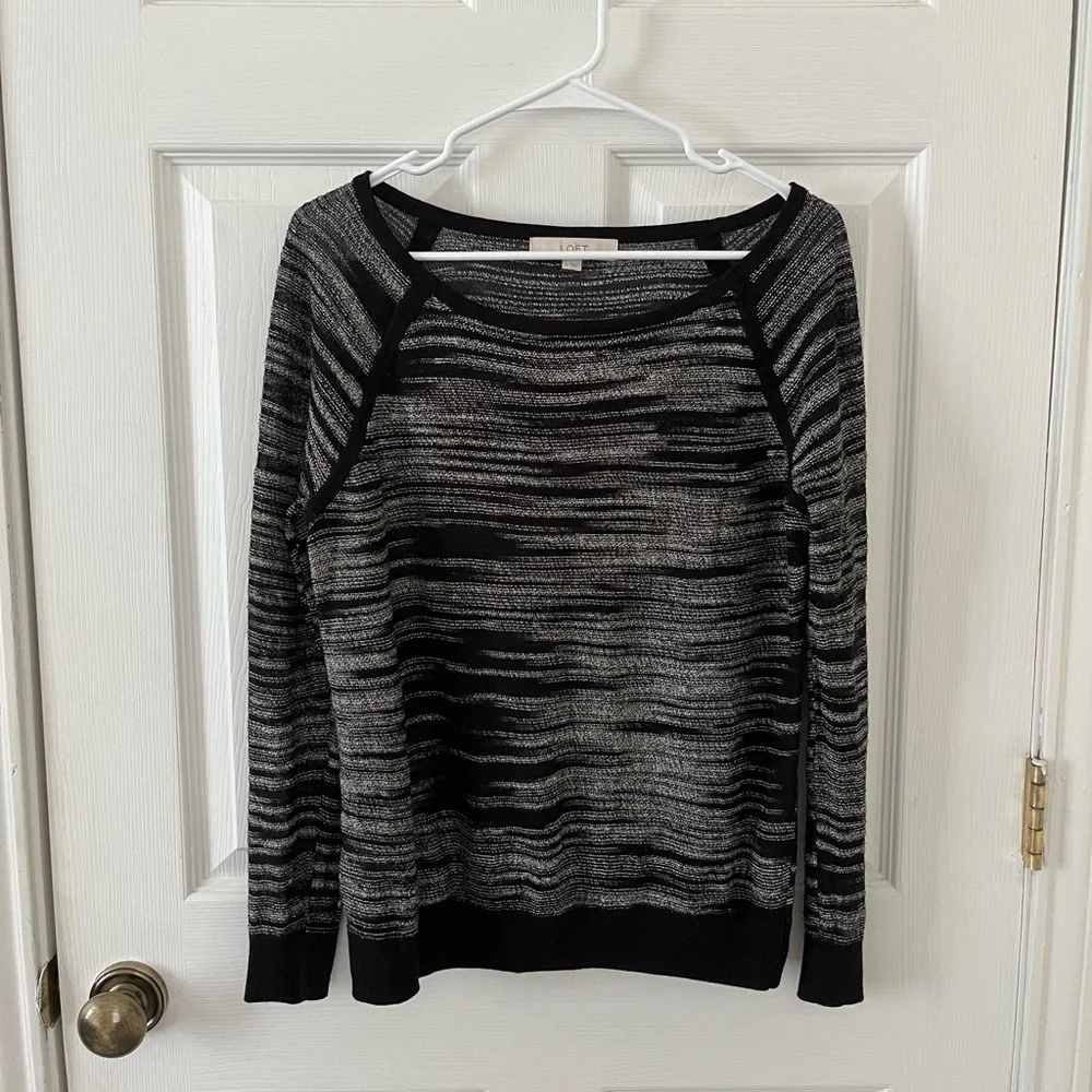 LOFT Black and Gray Striped Women's Sweater - Picture 1 of 4